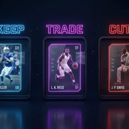 3D digital fantasy sports dashboard interface illustrating a keep trade cut player valuation system.