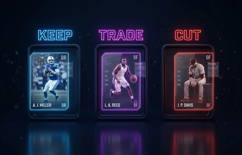 3D digital fantasy sports dashboard interface illustrating a keep trade cut player valuation system.