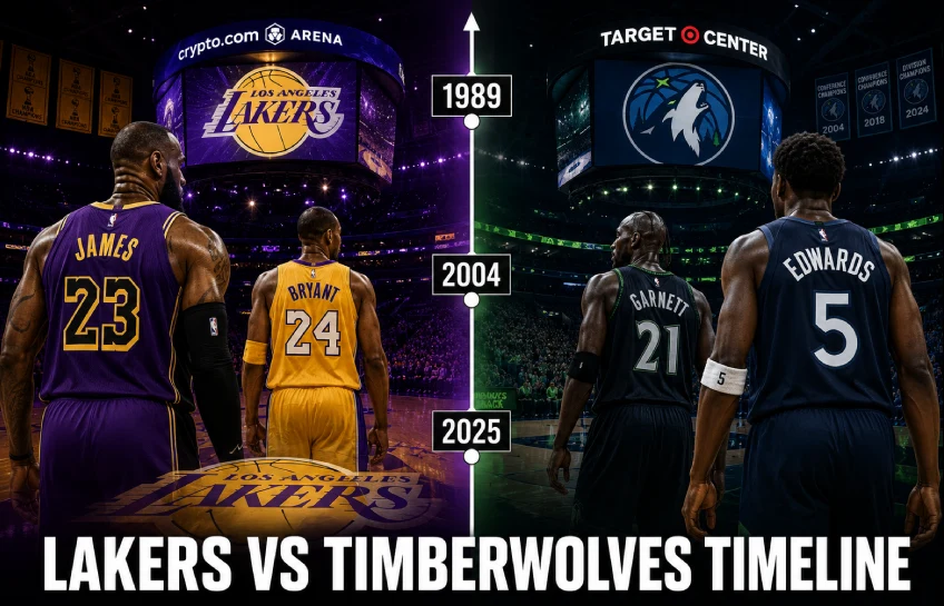 Lakers vs Timberwolves timeline — rivalry history from 1989 to 2025 showing key playoff moments and head-to-head record