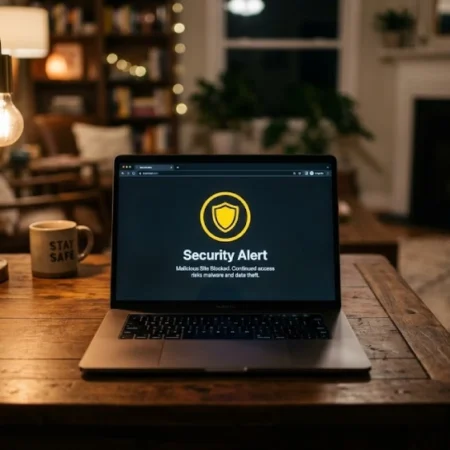 A laptop showing a warning message on a dark background during a late-night movie streaming search.