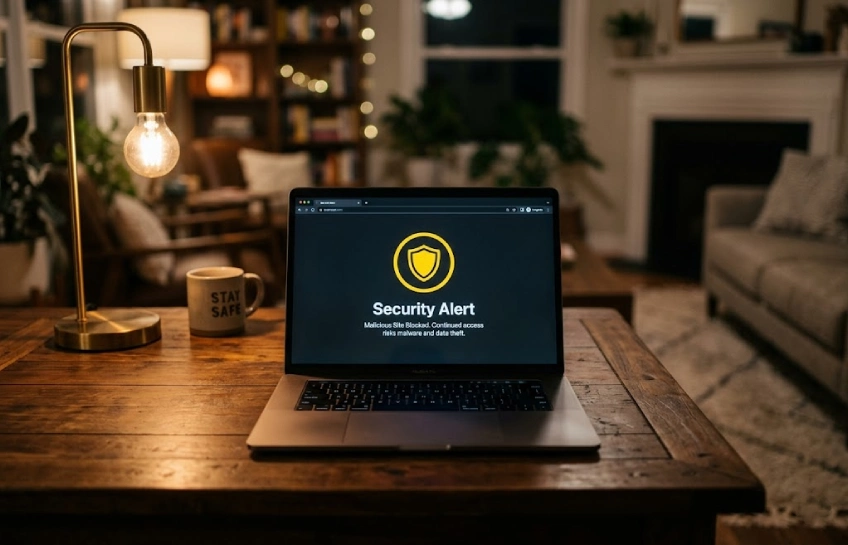 A laptop showing a warning message on a dark background during a late-night movie streaming search.