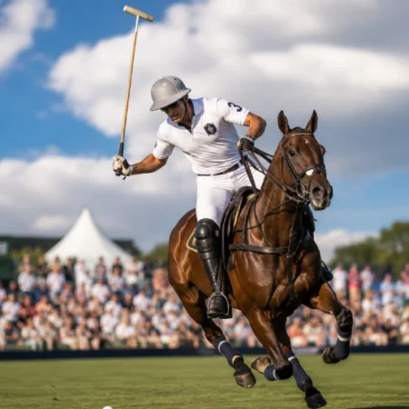 Louis Devaleix La Fe polo team patron playing high-goal polo on a sunny field