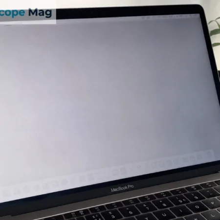 MacBook Pro screen showing faint burn marks and ghost image retention on a gray background
