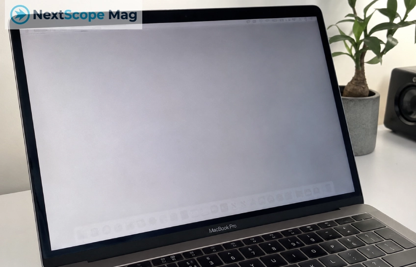MacBook Pro screen showing faint burn marks and ghost image retention on a gray background