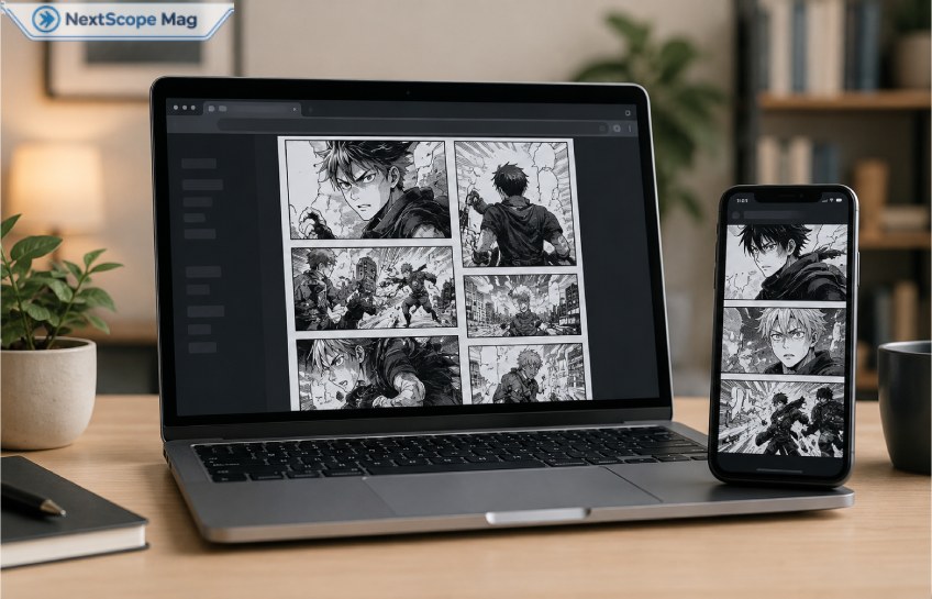 Mangabuddy guide 2026 showing manga reading on laptop and smartphone in a web browser