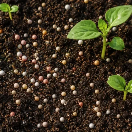 Mannacote slow-release fertilizer granules on garden soil with emerging seedlings