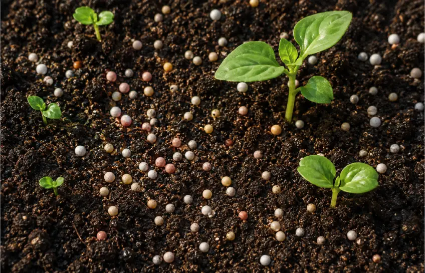 Mannacote slow-release fertilizer granules on garden soil with emerging seedlings