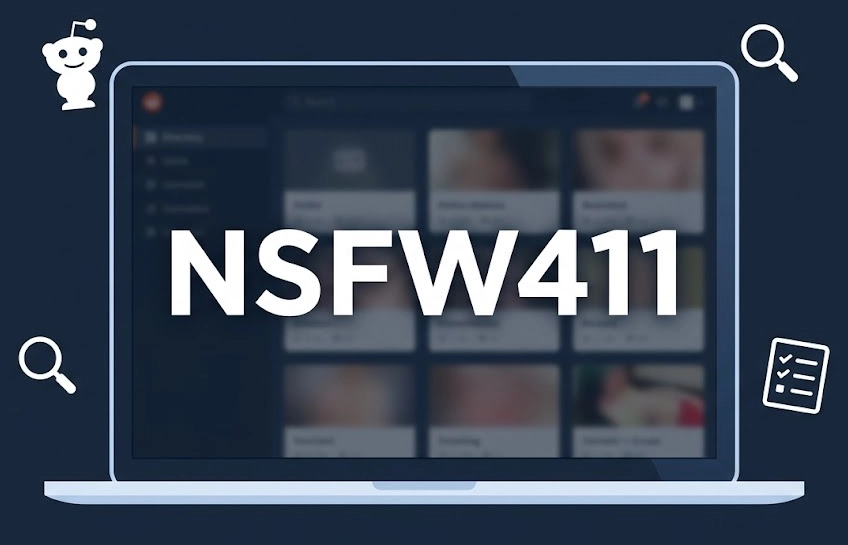 Illustration showing nsfw411 as a laptop-based content directory index with Reddit and search icons