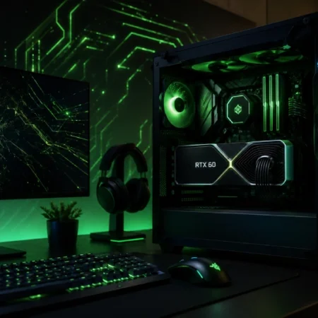 Concept image of a gaming PC with an Nvidia RTX 60 graphics card, inspired by the nvidia rtx 60 specifications leak.