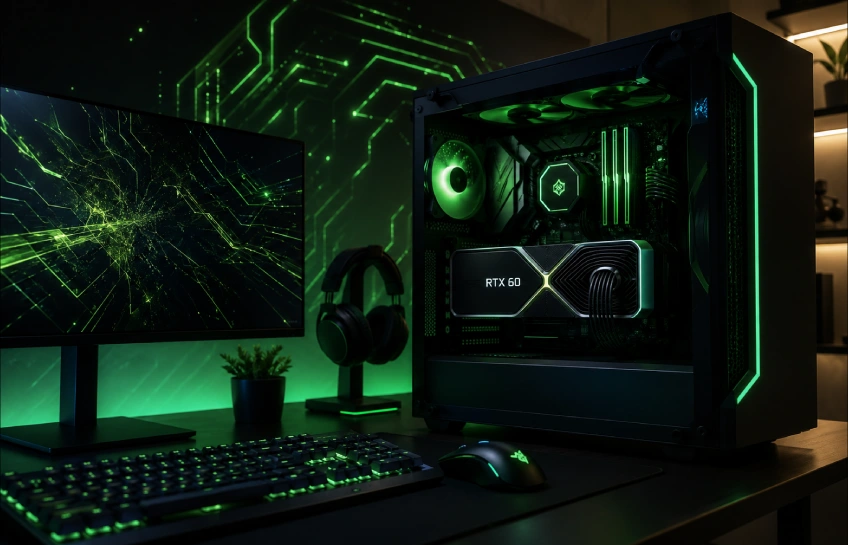 Concept image of a gaming PC with an Nvidia RTX 60 graphics card, inspired by the nvidia rtx 60 specifications leak.