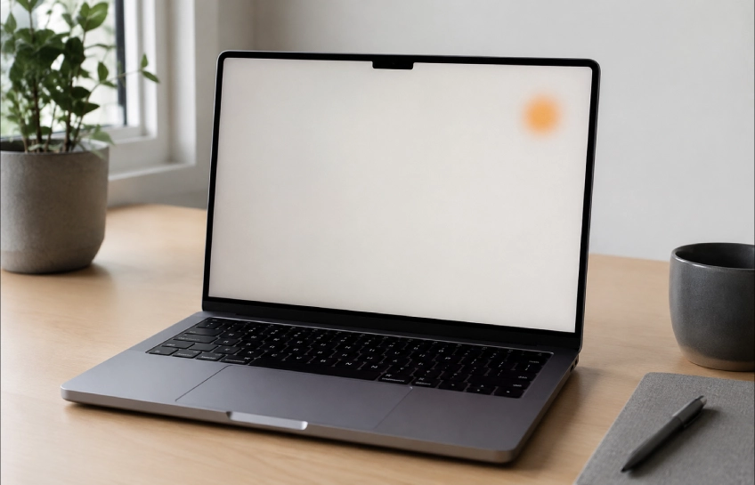 MacBook display showing a small orange spot on the screen while placed on a desk.