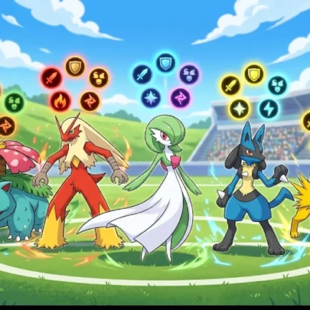 Multiple Pokémon on a battlefield with stat icons showing different pokemon natures.
