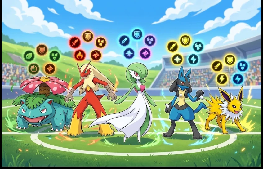 Multiple Pokémon on a battlefield with stat icons showing different pokemon natures.