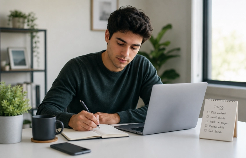 Person working at a tidy desk with a to do list, montrant que faire pour etre productif au quotidien