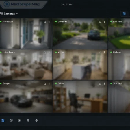 Screenshot-style illustration of the reallıvecams live webcam dashboard with multiple room feeds on a computer screen.
