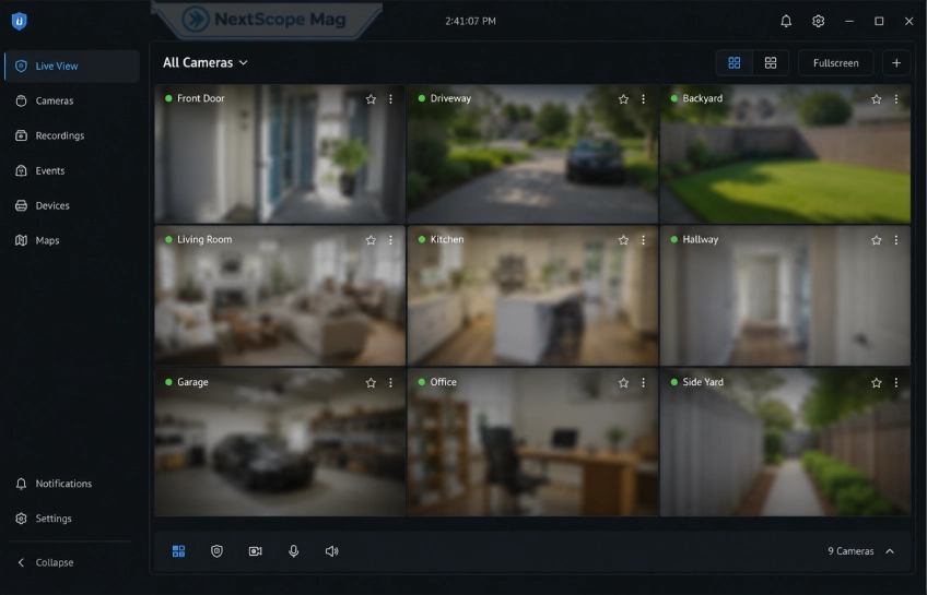 Screenshot-style illustration of the reallıvecams live webcam dashboard with multiple room feeds on a computer screen.