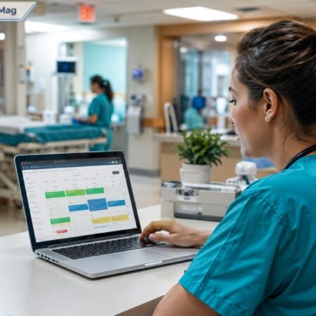Nurse using Smart Square HMH scheduling portal on a laptop at a hospital nursing station