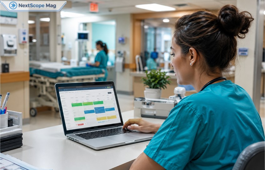 Nurse using Smart Square HMH scheduling portal on a laptop at a hospital nursing station