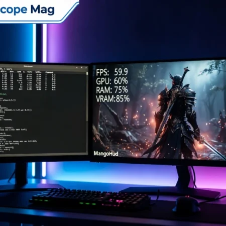 Tech hacks pblinuxgaming — a Linux gaming desktop setup with MangoHud overlay and terminal performance stats