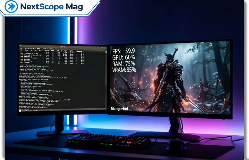 Tech hacks pblinuxgaming — a Linux gaming desktop setup with MangoHud overlay and terminal performance stats