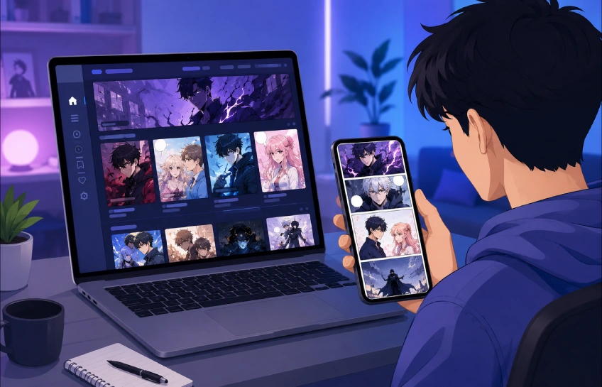 User reading manga and manhwa on a digital device using temple scan online.