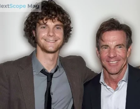 Thomas Boone Quaid standing with his father Dennis Quaid at a public event, both smiling at the camera