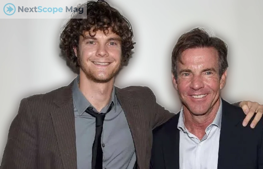 Thomas Boone Quaid standing with his father Dennis Quaid at a public event, both smiling at the camera