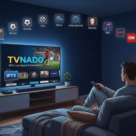 Person relaxing on a couch watching live streaming content on a modern TV via the TVNado IPTV service.