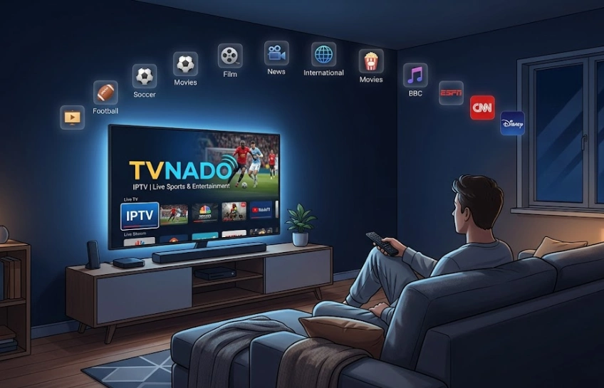 Person relaxing on a couch watching live streaming content on a modern TV via the TVNado IPTV service.