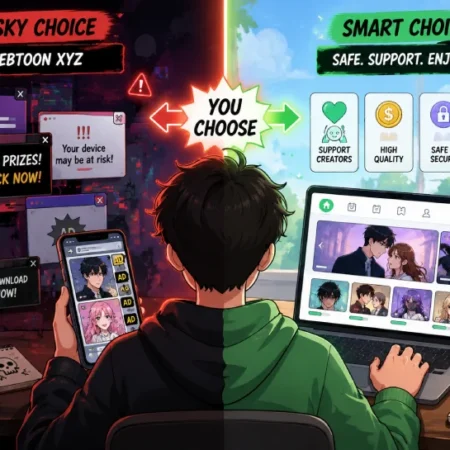 A reader comparing a risky webtoon xyz website on one screen and a safe official webtoon app on another device.