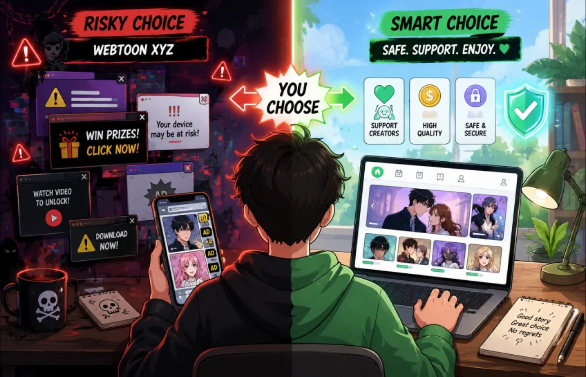 A reader comparing a risky webtoon xyz website on one screen and a safe official webtoon app on another device.