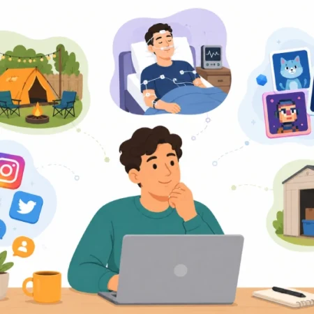 Person at a laptop surrounded by icons of weird wealth side hustle ideas.