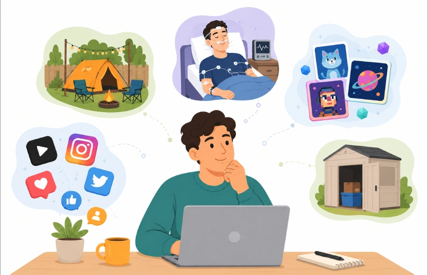 Person at a laptop surrounded by icons of weird wealth side hustle ideas.