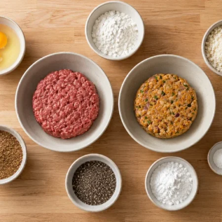 Bowls of eggs, flour, breadcrumbs, ground flax, chia seeds, and potato starch arranged on a wooden counter beside raw burger and veggie patty mixtures, showing common cooking binders.