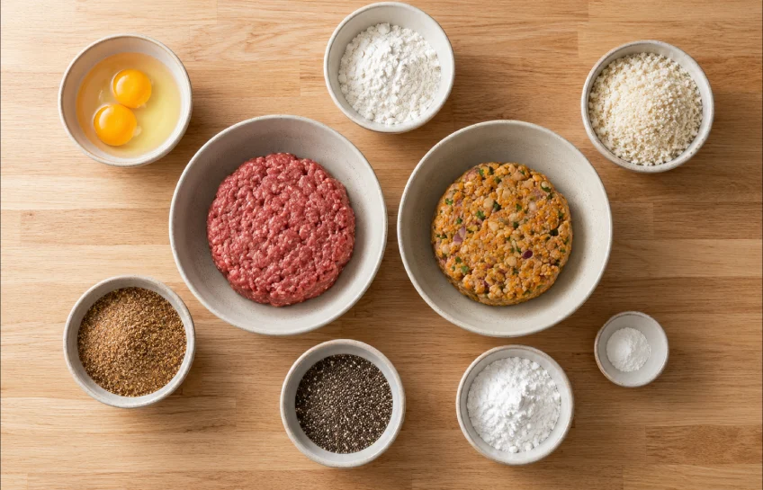 Bowls of eggs, flour, breadcrumbs, ground flax, chia seeds, and potato starch arranged on a wooden counter beside raw burger and veggie patty mixtures, showing common cooking binders.