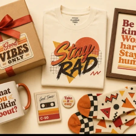 Flat-lay of whatutalkingboutwillis gift guide items including a quote mug, graphic tee, framed print, and gift box in retro styling