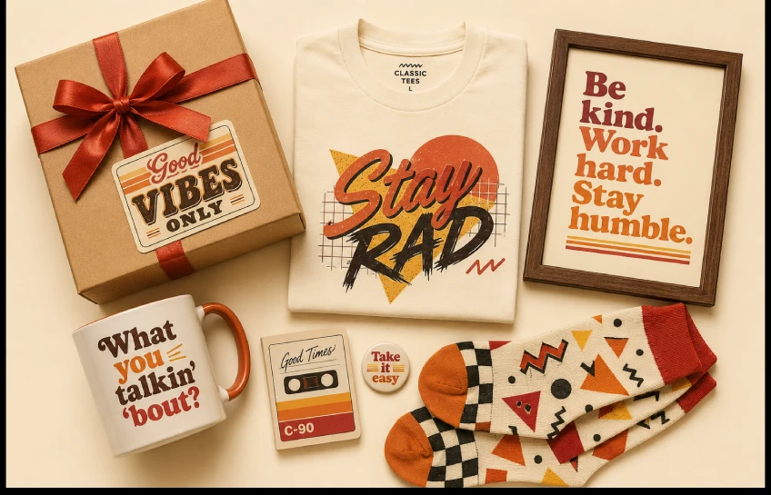 Flat-lay of whatutalkingboutwillis gift guide items including a quote mug, graphic tee, framed print, and gift box in retro styling