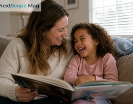 A white mother reading with her mixed-race child at home, smiling together on a couch.