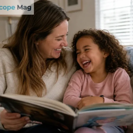 A white mother reading with her mixed-race child at home, smiling together on a couch.