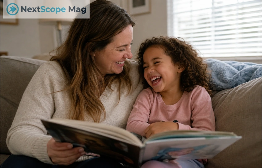 A white mother reading with her mixed-race child at home, smiling together on a couch.