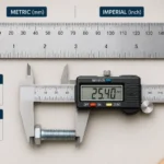 Ruler and caliper showing 12mm to inches conversion measurement