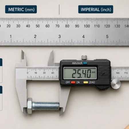 Ruler and caliper showing 12mm to inches conversion measurement
