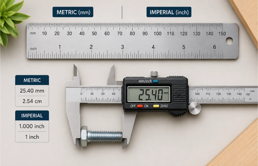 Ruler and caliper showing 12mm to inches conversion measurement