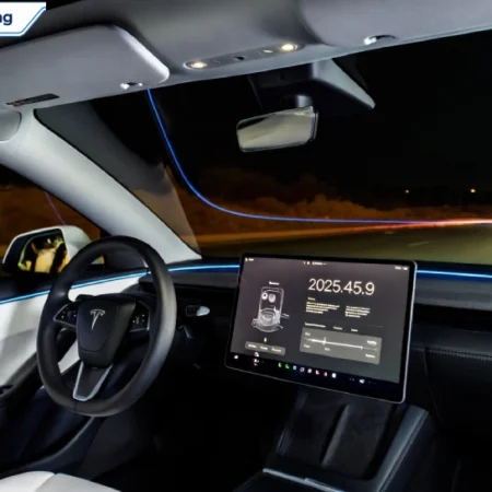 Tesla dashboard showing software update 2025.45.9 with FSD features