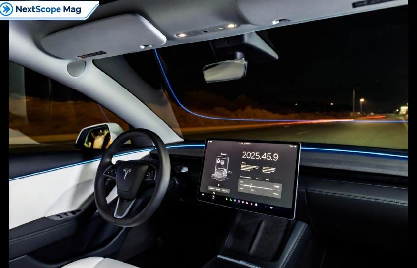 Tesla dashboard showing software update 2025.45.9 with FSD features