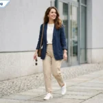 Person wearing a navy blazertje, a soft unstructured blazer, styled casually with jeans