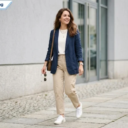 Person wearing a navy blazertje, a soft unstructured blazer, styled casually with jeans