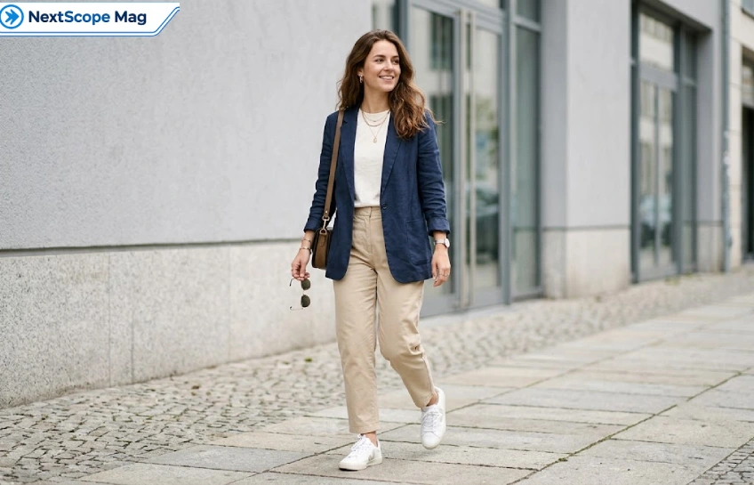 Person wearing a navy blazertje, a soft unstructured blazer, styled casually with jeans