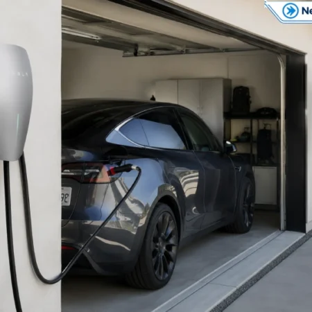 Electric vehicle charging in home garage with wall-mounted Level 2 EV charger installed