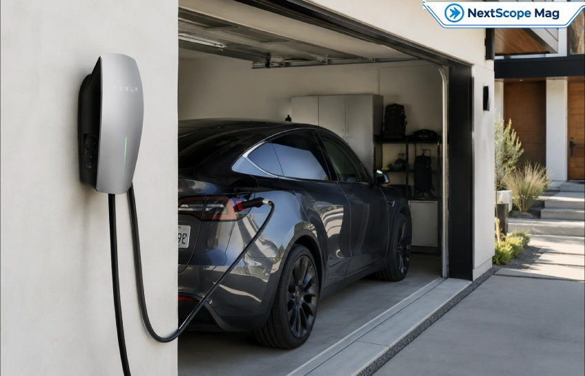 Electric vehicle charging in home garage with wall-mounted Level 2 EV charger installed